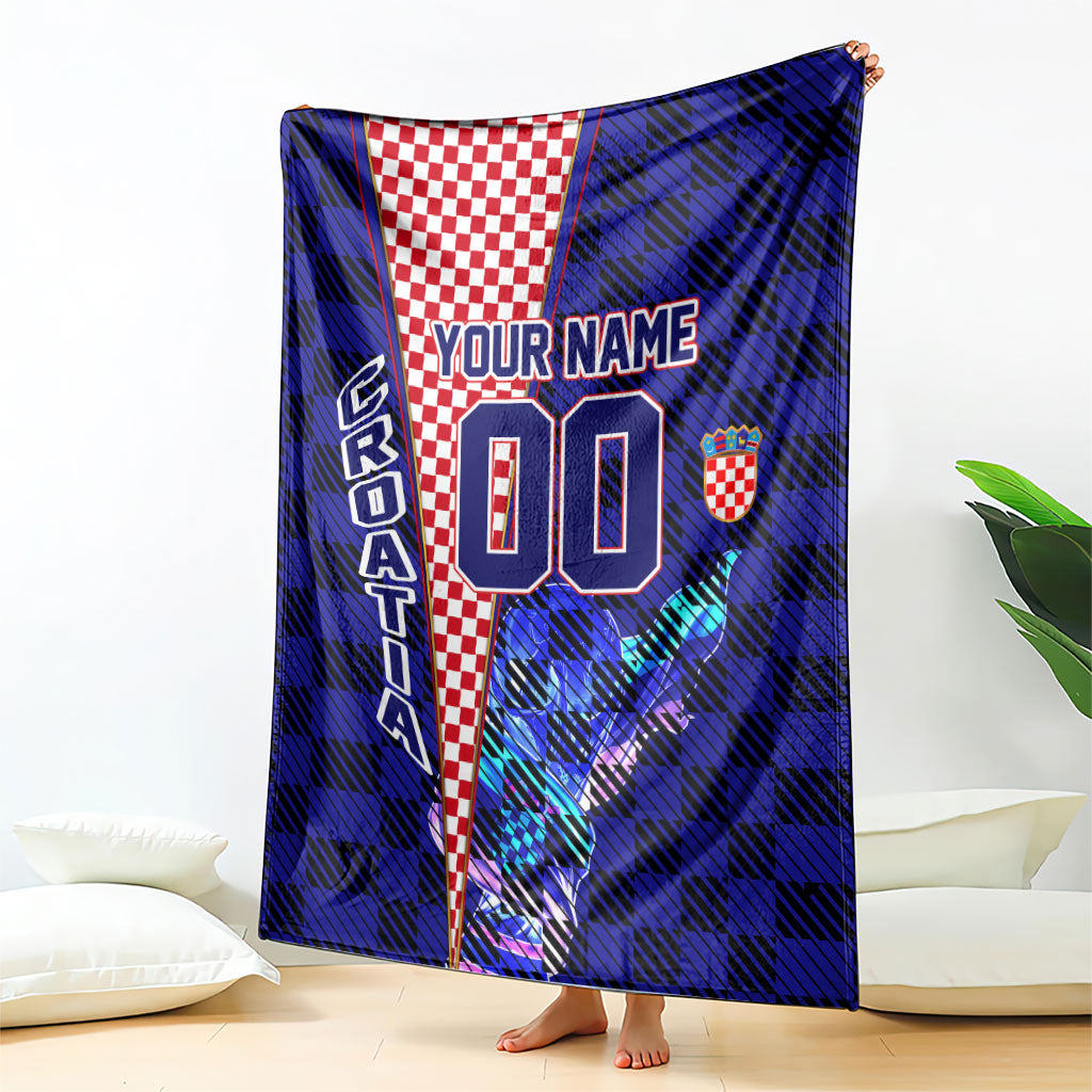 Personalized Croatia Football Blanket Checkerboard Graphic - Golden Champion Trophy And Flag