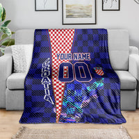 Personalized Croatia Football Blanket Checkerboard Graphic - Golden Champion Trophy And Flag