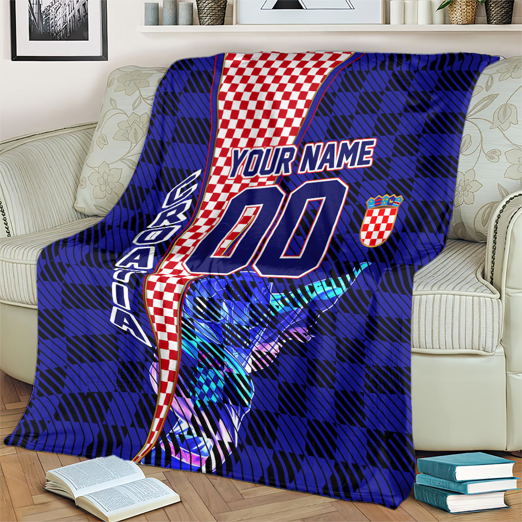 Personalized Croatia Football Blanket Checkerboard Graphic - Golden Champion Trophy And Flag