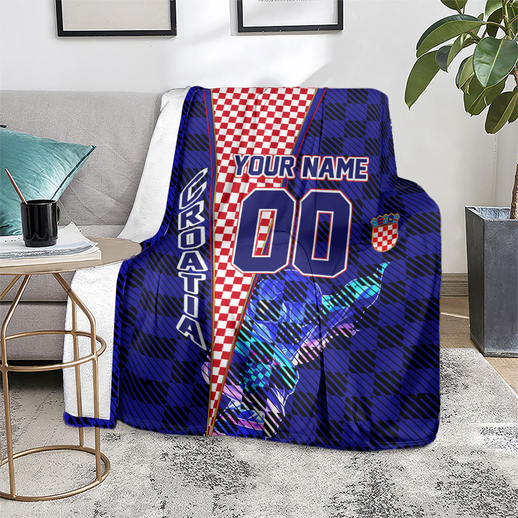 Personalized Croatia Football Blanket Checkerboard Graphic - Golden Champion Trophy And Flag