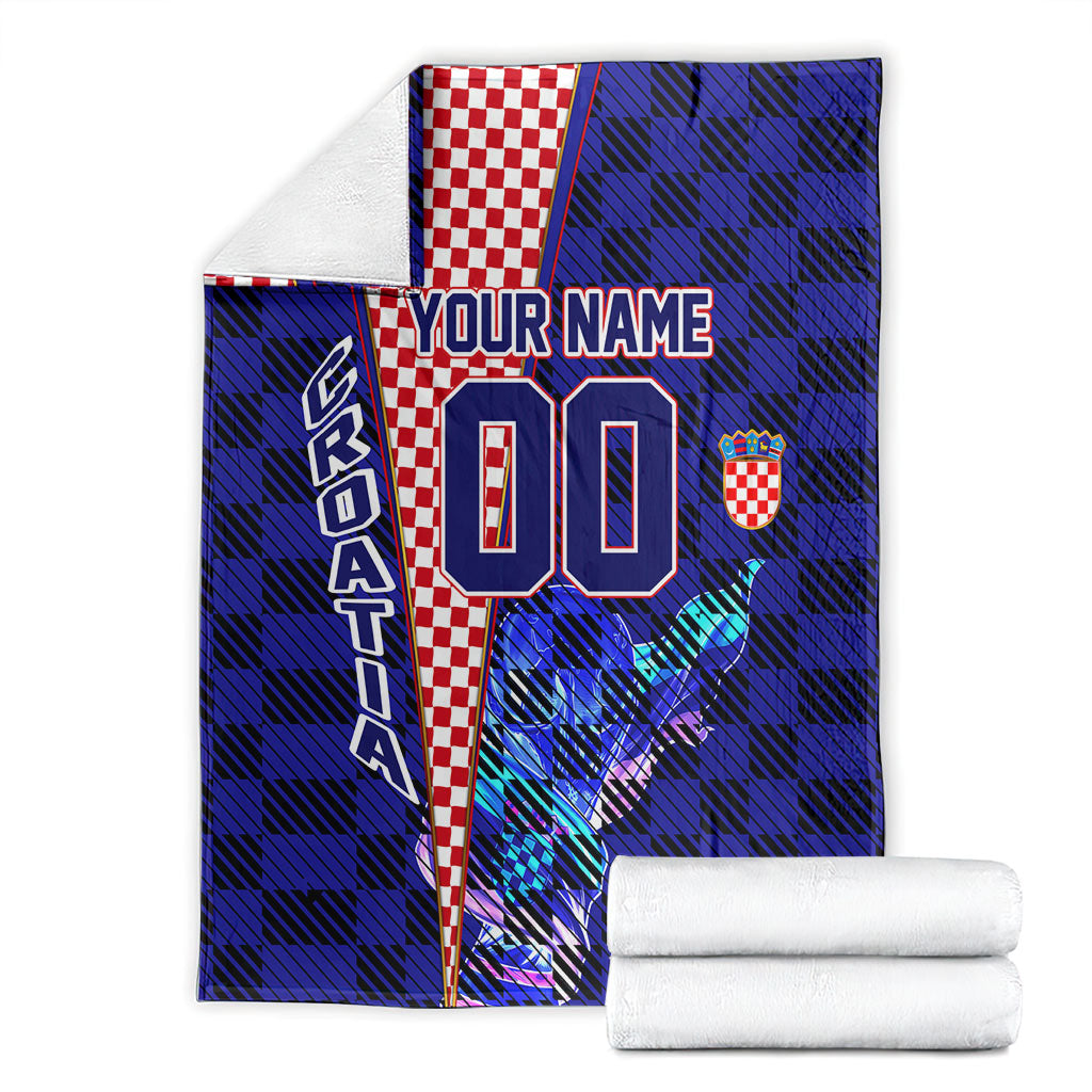 Personalized Croatia Football Blanket Checkerboard Graphic - Golden Champion Trophy And Flag