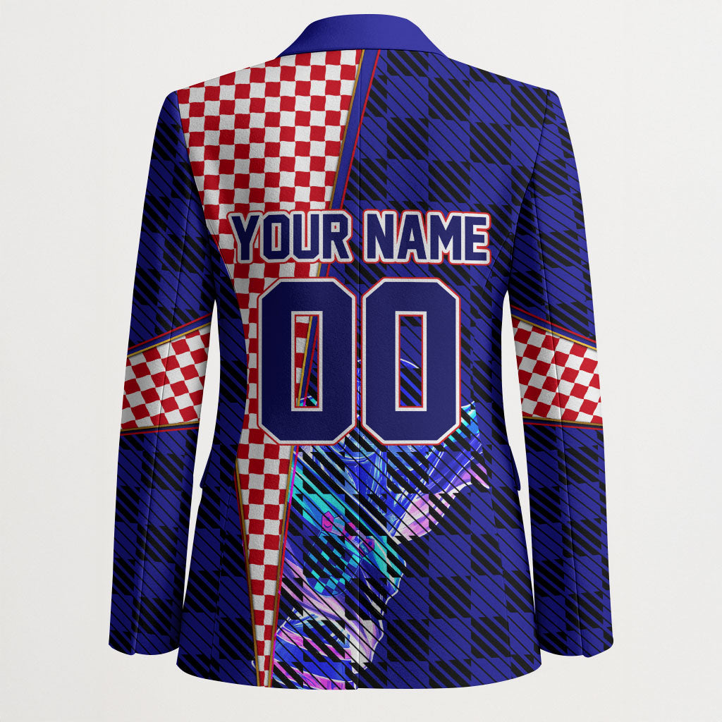 Personalized Croatia Football Blazer Checkerboard Graphic - Golden Champion Trophy And Flag