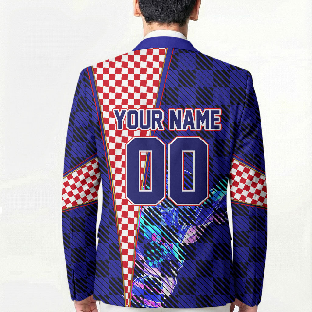 Personalized Croatia Football Blazer Checkerboard Graphic - Golden Champion Trophy And Flag