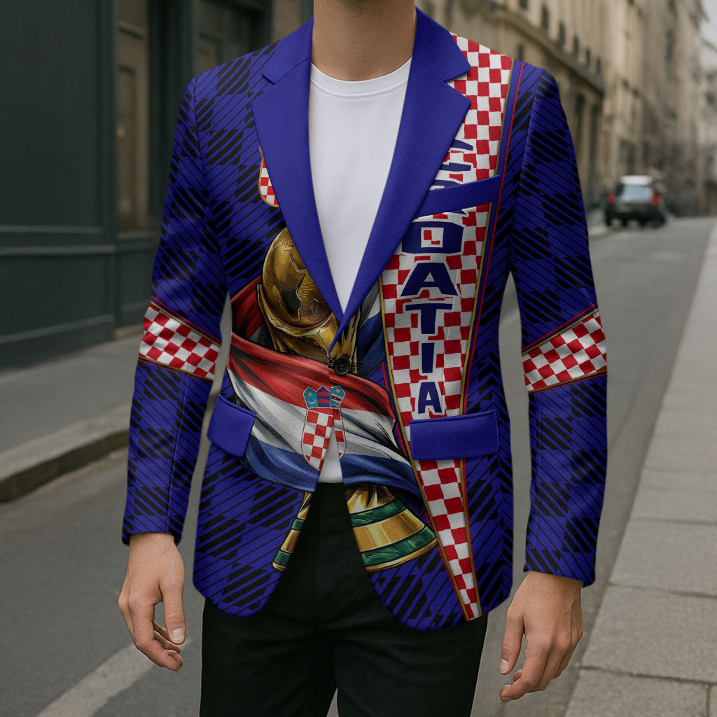 Personalized Croatia Football Blazer Checkerboard Graphic - Golden Champion Trophy And Flag