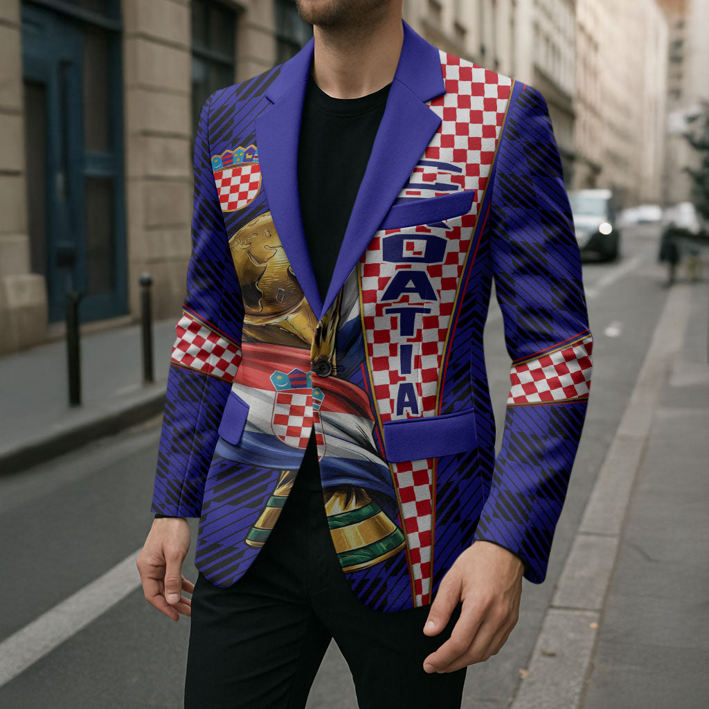 Personalized Croatia Football Blazer Checkerboard Graphic - Golden Champion Trophy And Flag