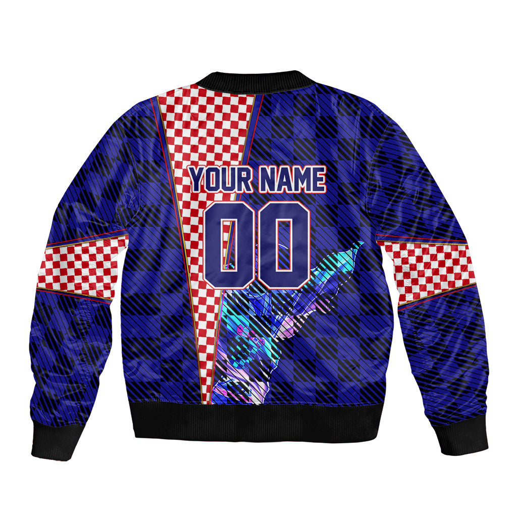 Personalized Croatia Football Bomber Jacket Checkerboard Graphic - Golden Champion Trophy And Flag