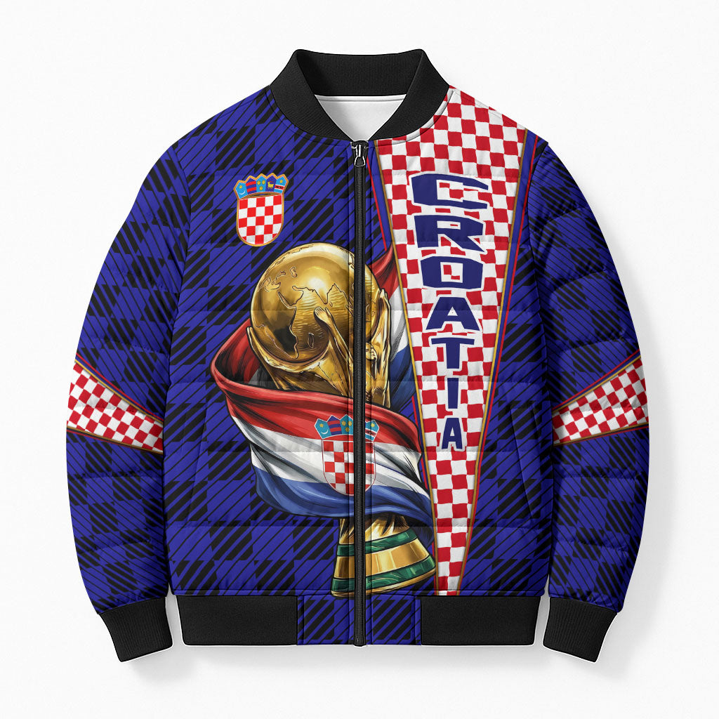 Personalized Croatia Football Bomber Puffer Jacket Checkerboard Graphic - Golden Champion Trophy And Flag