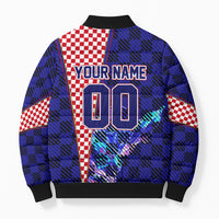 Personalized Croatia Football Bomber Puffer Jacket Checkerboard Graphic - Golden Champion Trophy And Flag