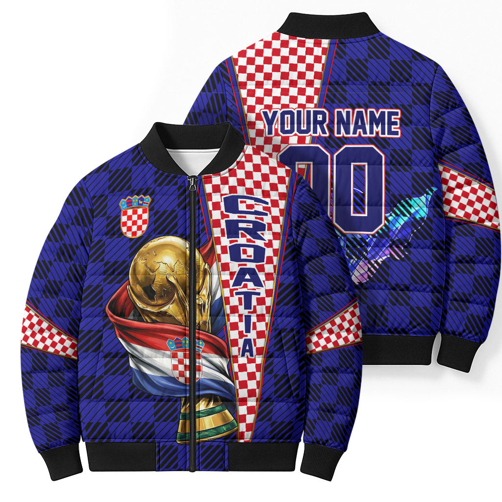 Personalized Croatia Football Bomber Puffer Jacket Checkerboard Graphic - Golden Champion Trophy And Flag