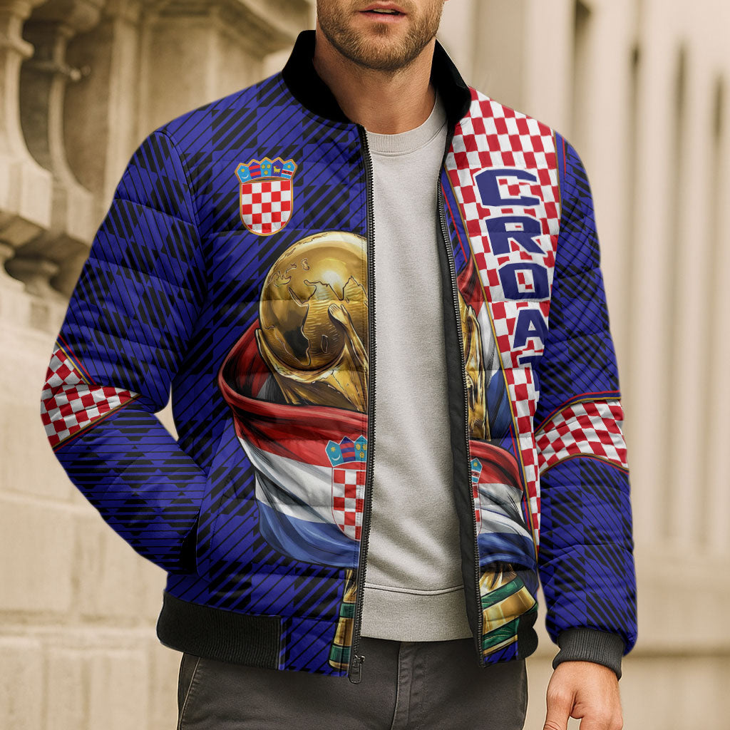 Personalized Croatia Football Bomber Puffer Jacket Checkerboard Graphic - Golden Champion Trophy And Flag