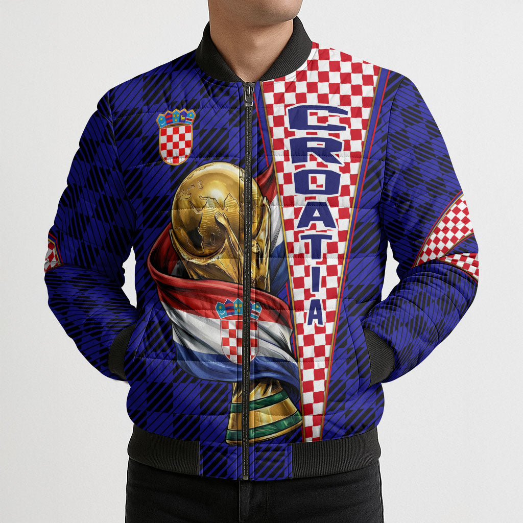 Personalized Croatia Football Bomber Puffer Jacket Checkerboard Graphic - Golden Champion Trophy And Flag
