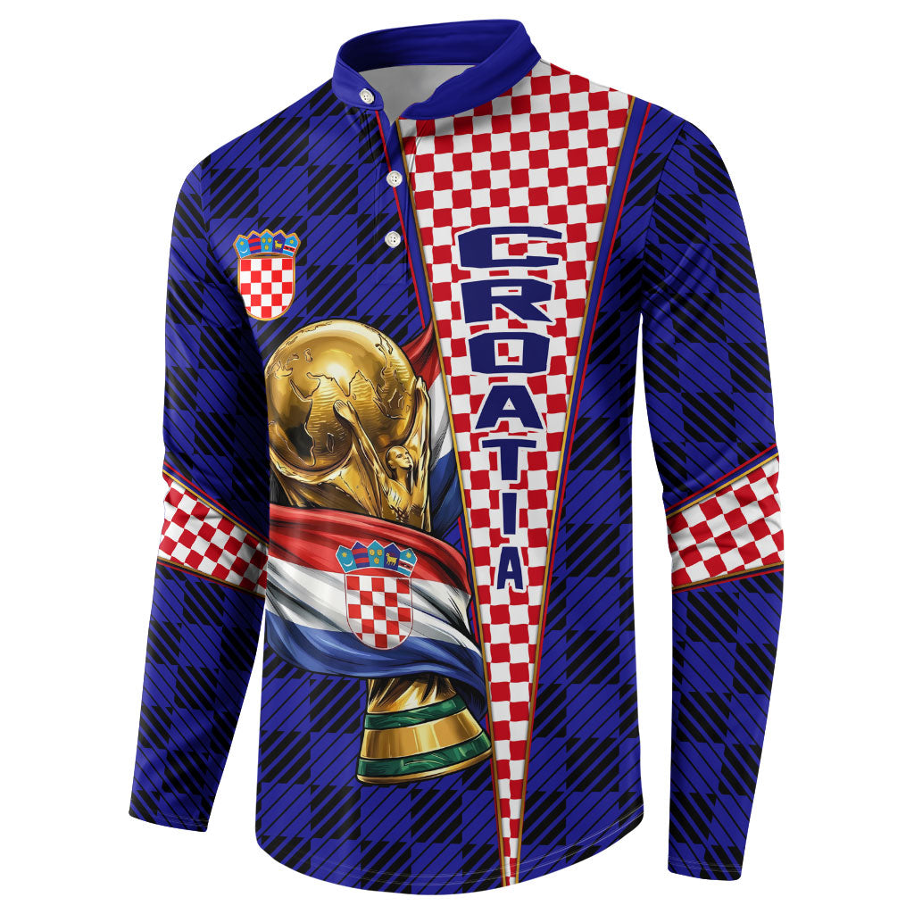 Personalized Croatia Football Button Sweatshirt Checkerboard Graphic - Golden Champion Trophy And Flag