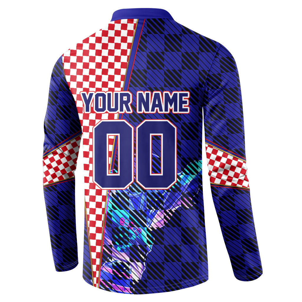 Personalized Croatia Football Button Sweatshirt Checkerboard Graphic - Golden Champion Trophy And Flag