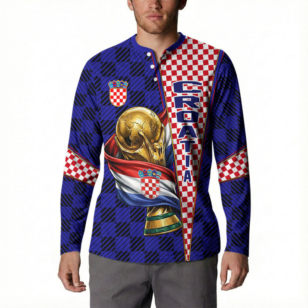 Personalized Croatia Football Button Sweatshirt Checkerboard Graphic - Golden Champion Trophy And Flag