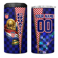 Personalized Croatia Football 4 in 1 Can Cooler Tumbler Checkerboard Graphic - Golden Champion Trophy And Flag