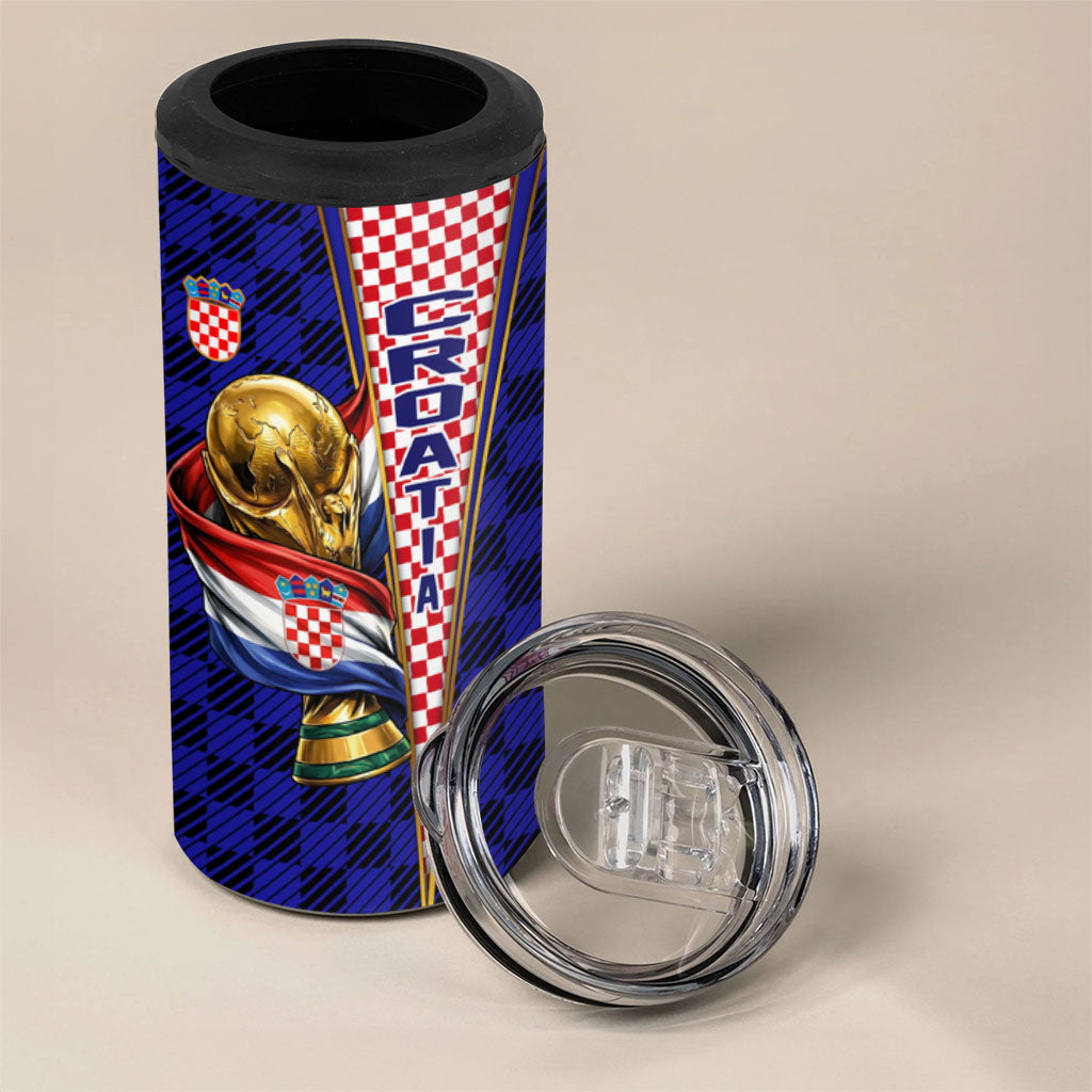 Personalized Croatia Football 4 in 1 Can Cooler Tumbler Checkerboard Graphic - Golden Champion Trophy And Flag