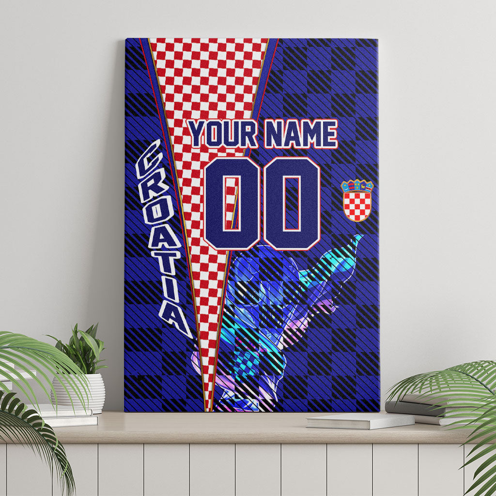 Personalized Croatia Football Canvas Wall Art Checkerboard Graphic - Golden Champion Trophy And Flag