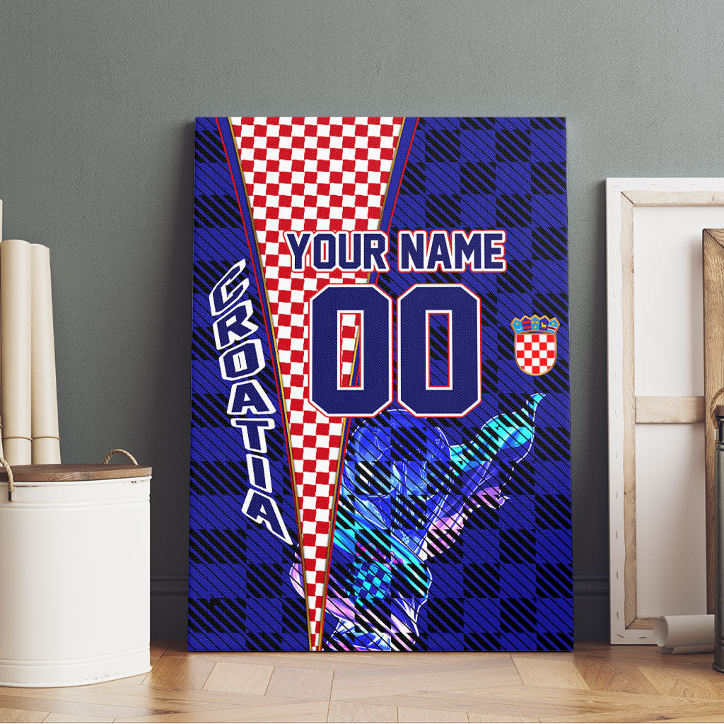 Personalized Croatia Football Canvas Wall Art Checkerboard Graphic - Golden Champion Trophy And Flag