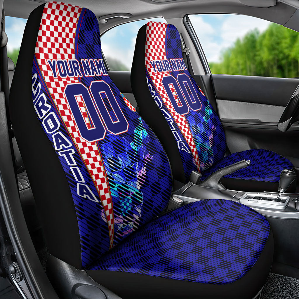 Personalized Croatia Football Car Seat Cover Checkerboard Graphic - Golden Champion Trophy And Flag