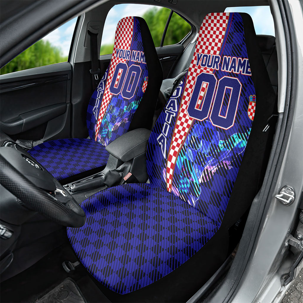 Personalized Croatia Football Car Seat Cover Checkerboard Graphic - Golden Champion Trophy And Flag