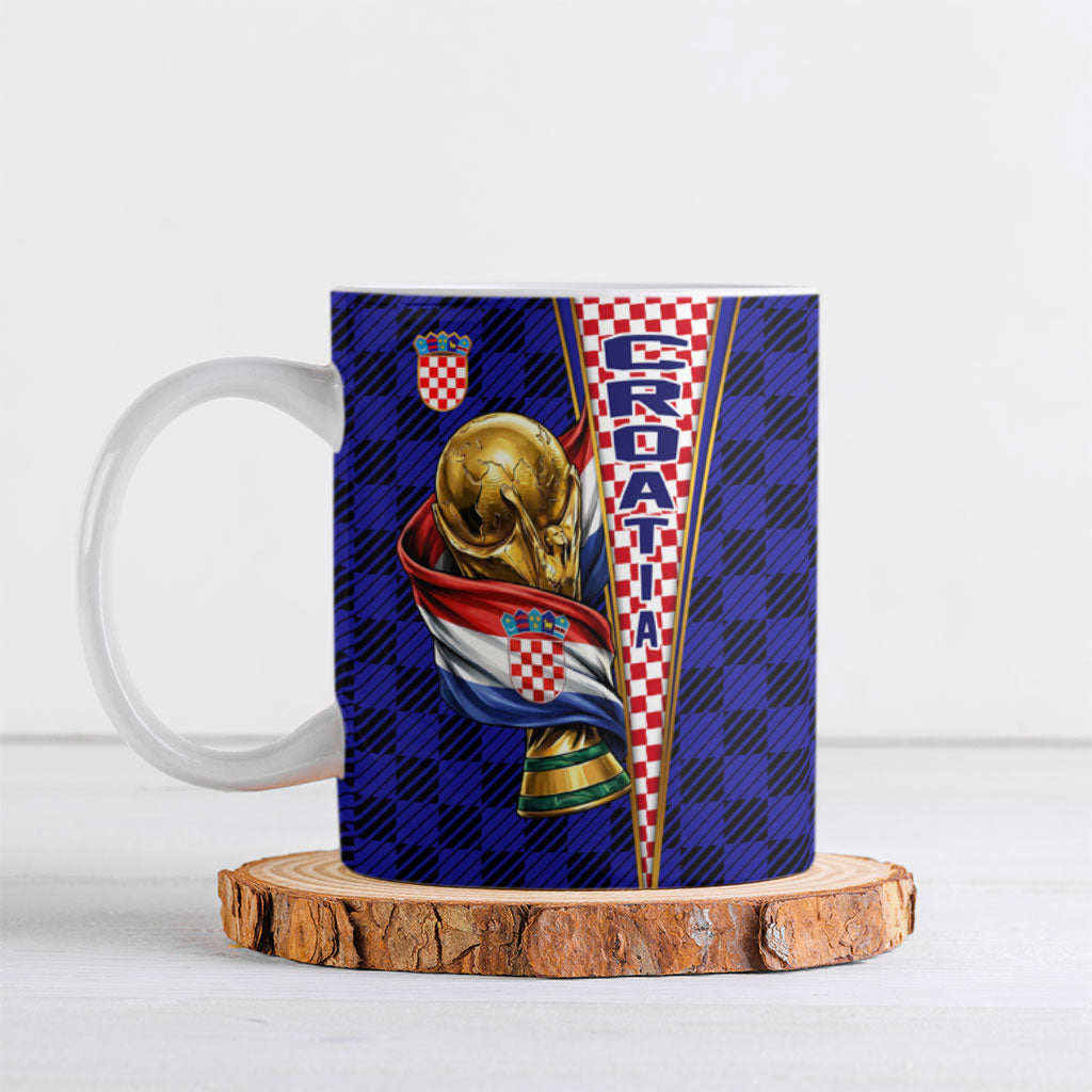 Personalized Croatia Football Ceramic Mug Checkerboard Graphic - Golden Champion Trophy And Flag