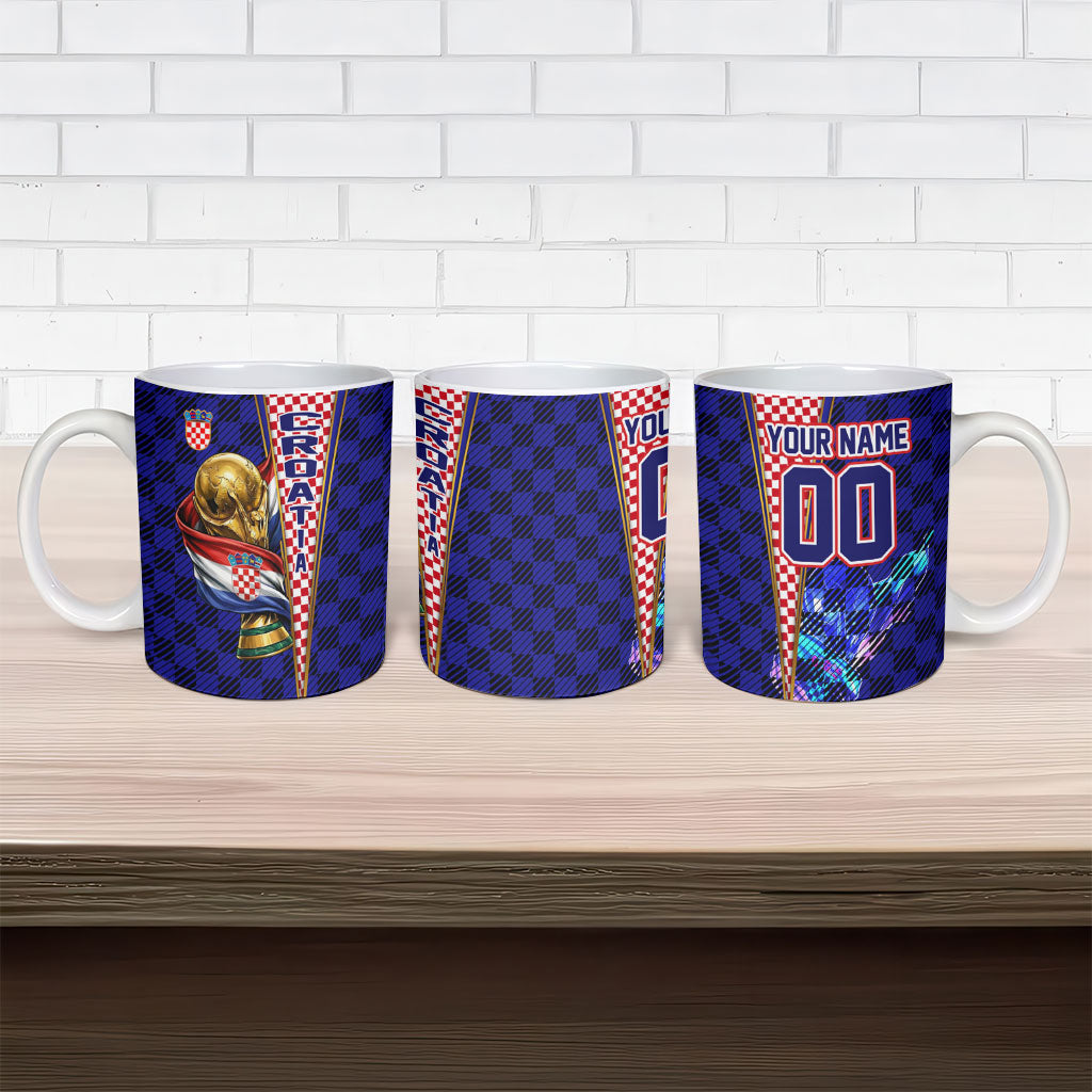 Personalized Croatia Football Ceramic Mug Checkerboard Graphic - Golden Champion Trophy And Flag