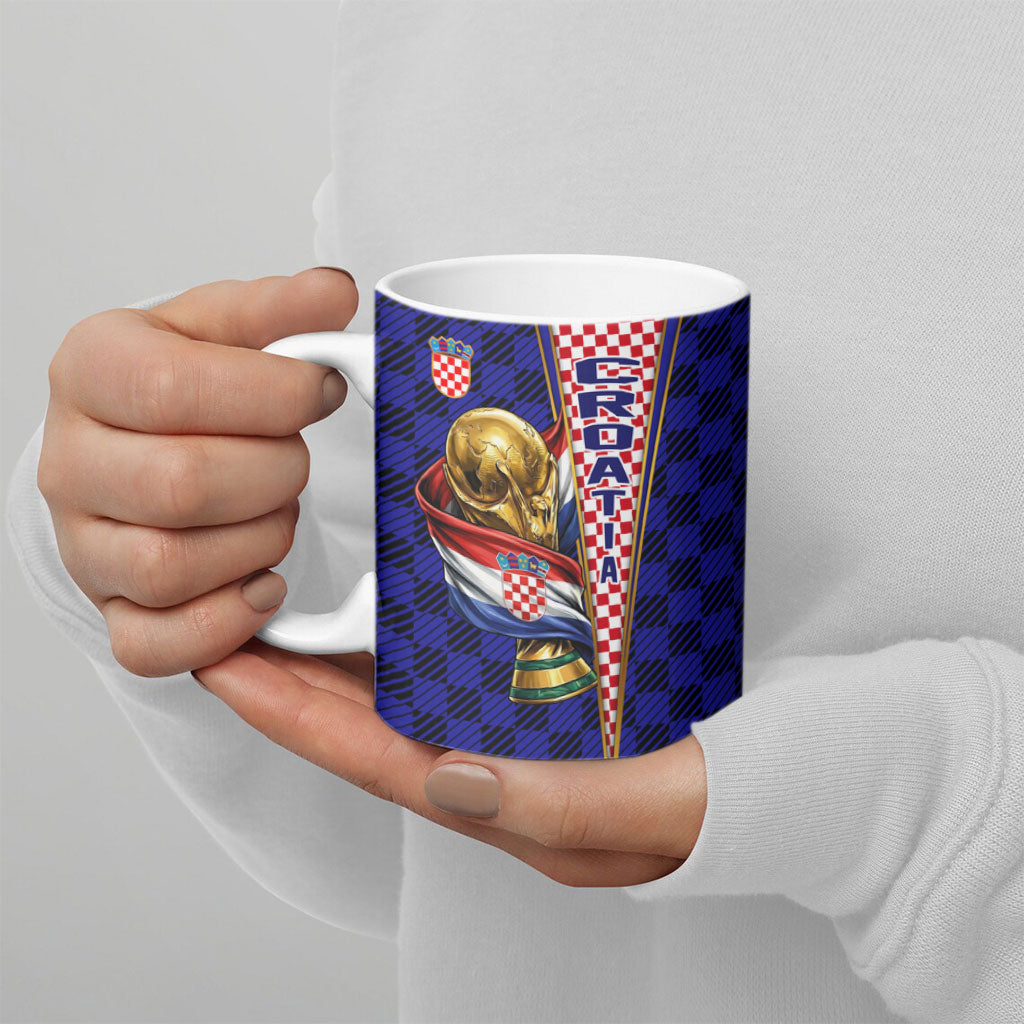 Personalized Croatia Football Ceramic Mug Checkerboard Graphic - Golden Champion Trophy And Flag