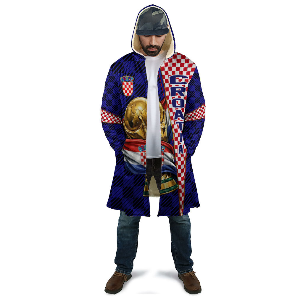 Personalized Croatia Football Cloak Checkerboard Graphic - Golden Champion Trophy And Flag