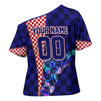 Personalized Croatia Football Cross Shoulder Shirt Checkerboard Graphic - Golden Champion Trophy And Flag