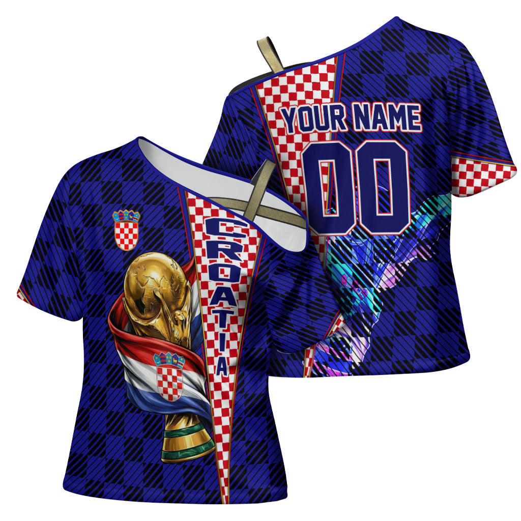 Personalized Croatia Football Cross Shoulder Shirt Checkerboard Graphic - Golden Champion Trophy And Flag