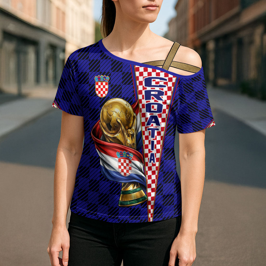 Personalized Croatia Football Cross Shoulder Shirt Checkerboard Graphic - Golden Champion Trophy And Flag