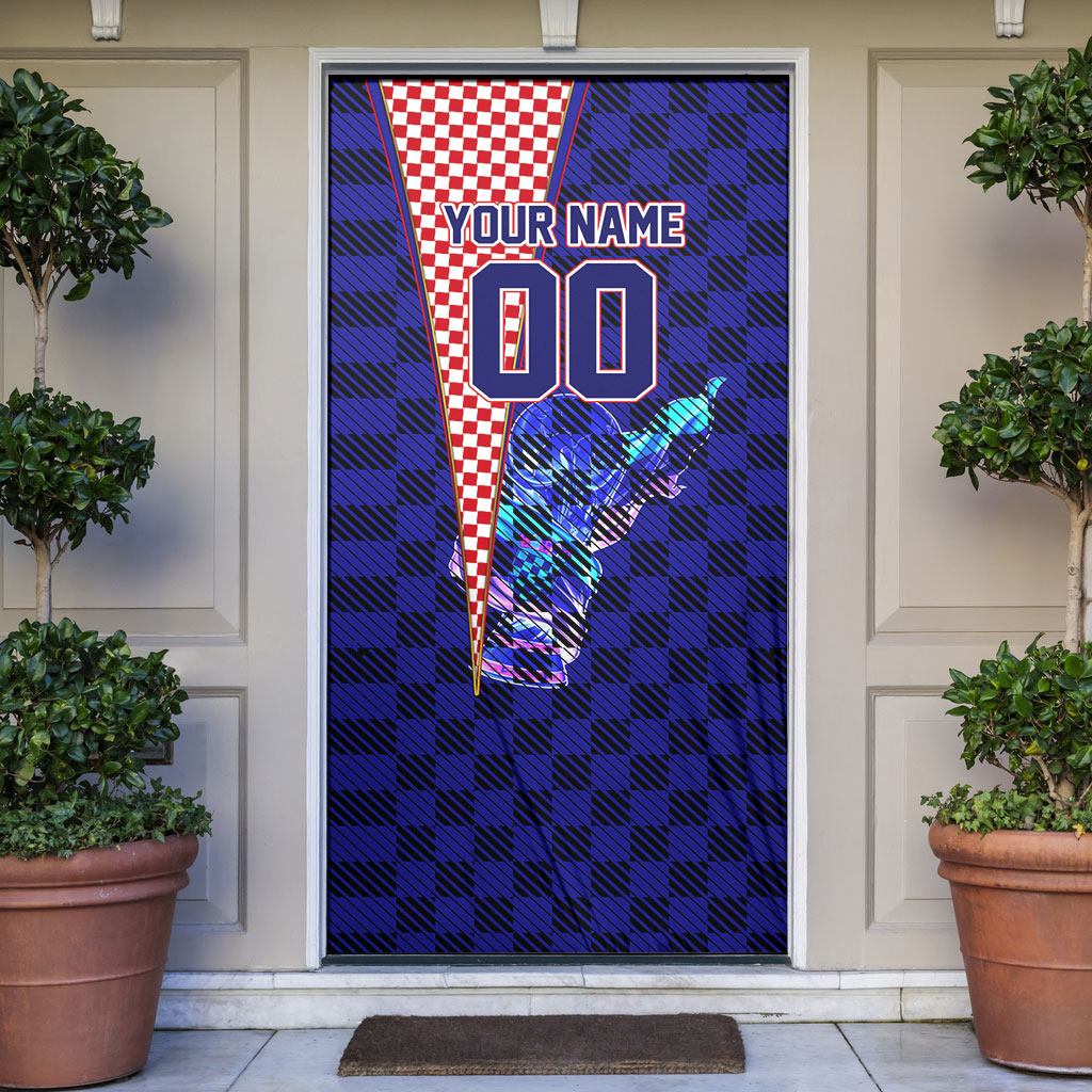 Personalized Croatia Football Door Cover Checkerboard Graphic - Golden Champion Trophy And Flag