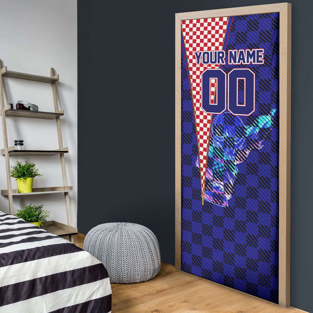 Personalized Croatia Football Door Cover Checkerboard Graphic - Golden Champion Trophy And Flag