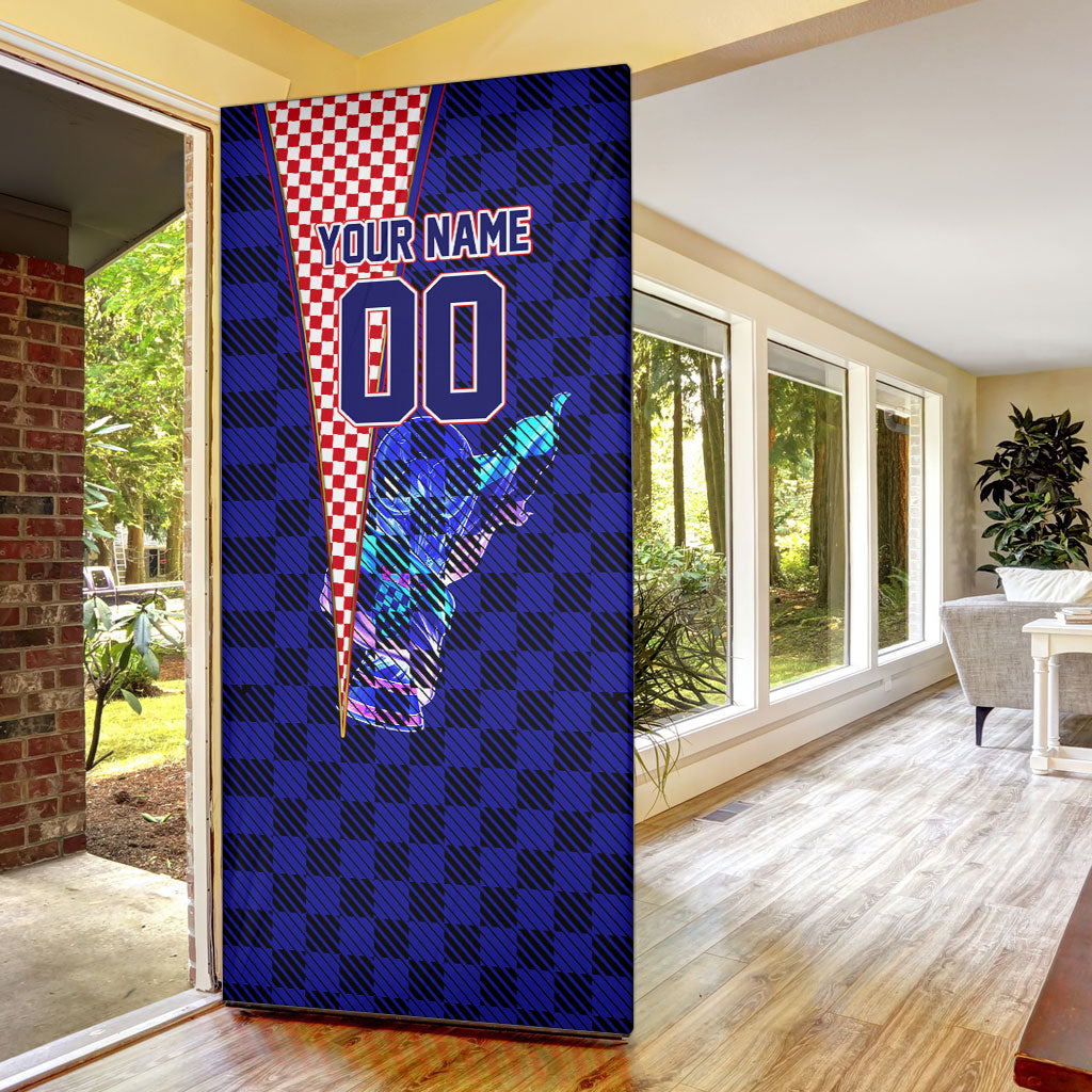 Personalized Croatia Football Door Cover Checkerboard Graphic - Golden Champion Trophy And Flag