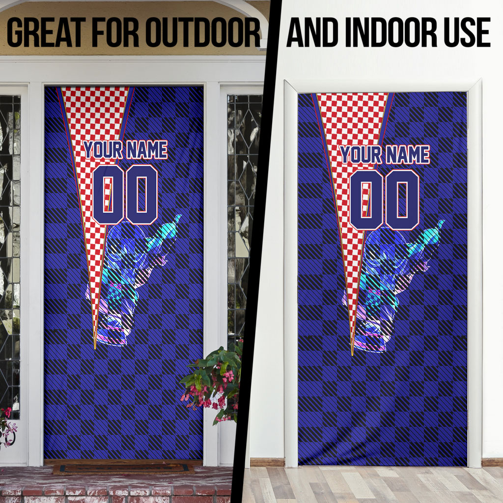Personalized Croatia Football Door Cover Checkerboard Graphic - Golden Champion Trophy And Flag