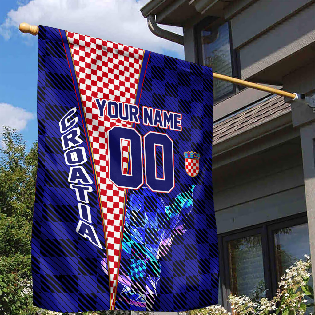 Personalized Croatia Football Garden Flag Checkerboard Graphic - Golden Champion Trophy And Flag