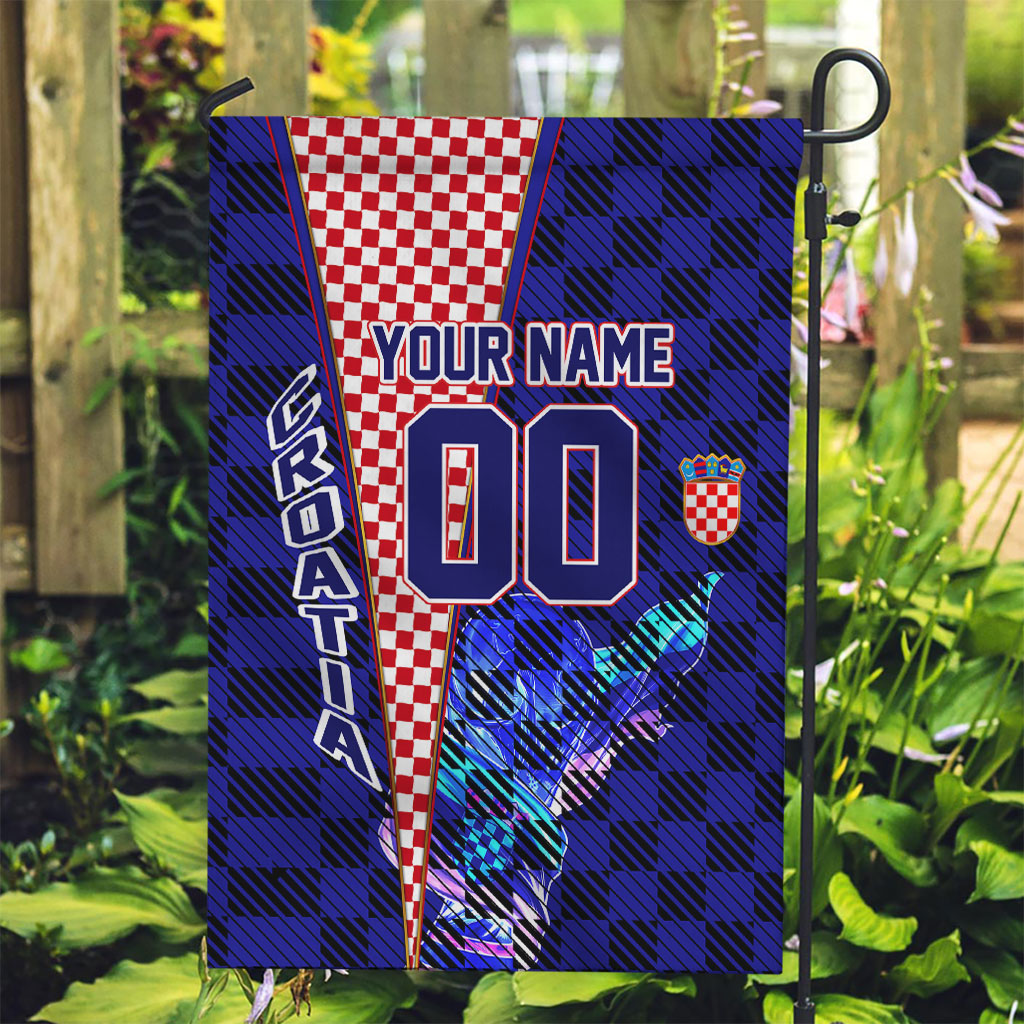 Personalized Croatia Football Garden Flag Checkerboard Graphic - Golden Champion Trophy And Flag
