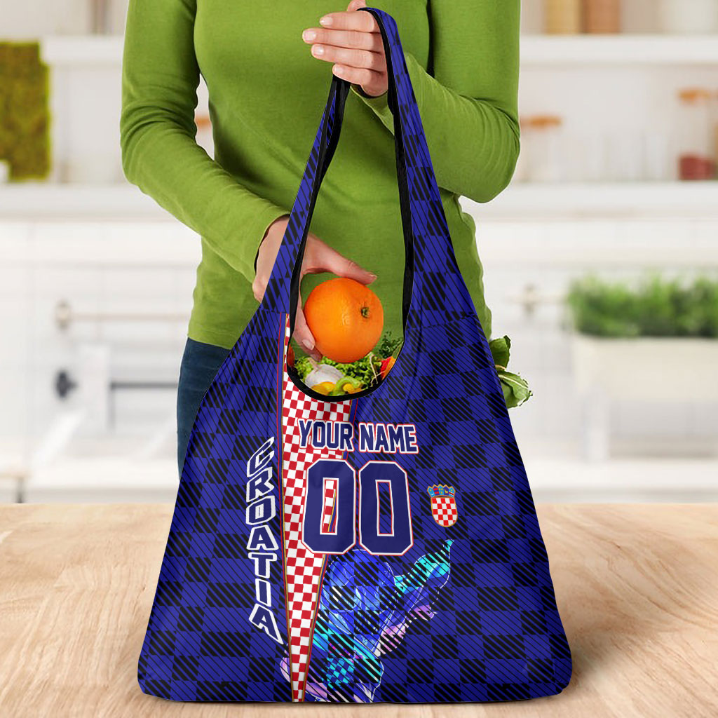Personalized Croatia Football Grocery Bag Checkerboard Graphic - Golden Champion Trophy And Flag