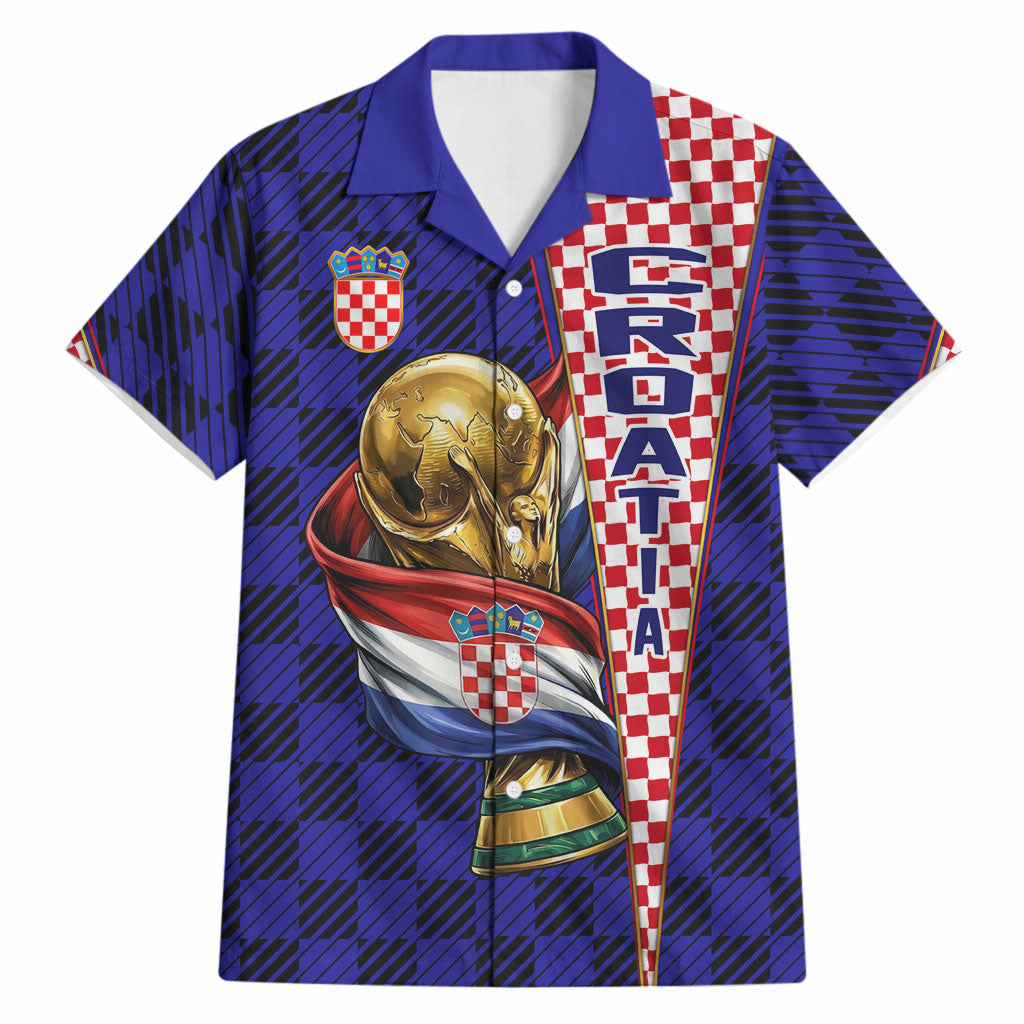 Personalized Croatia Football Hawaiian Shirt Checkerboard Graphic - Golden Champion Trophy And Flag