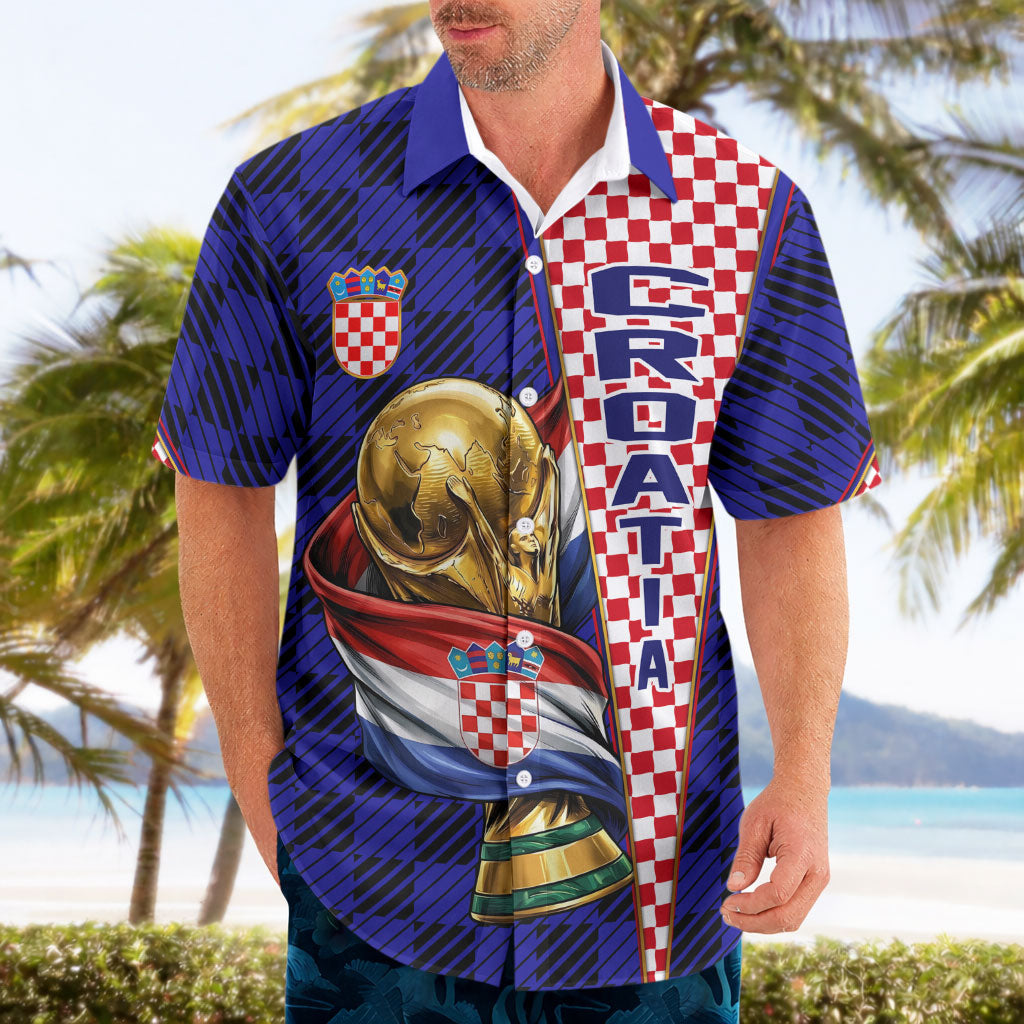 Personalized Croatia Football Hawaiian Shirt Checkerboard Graphic - Golden Champion Trophy And Flag