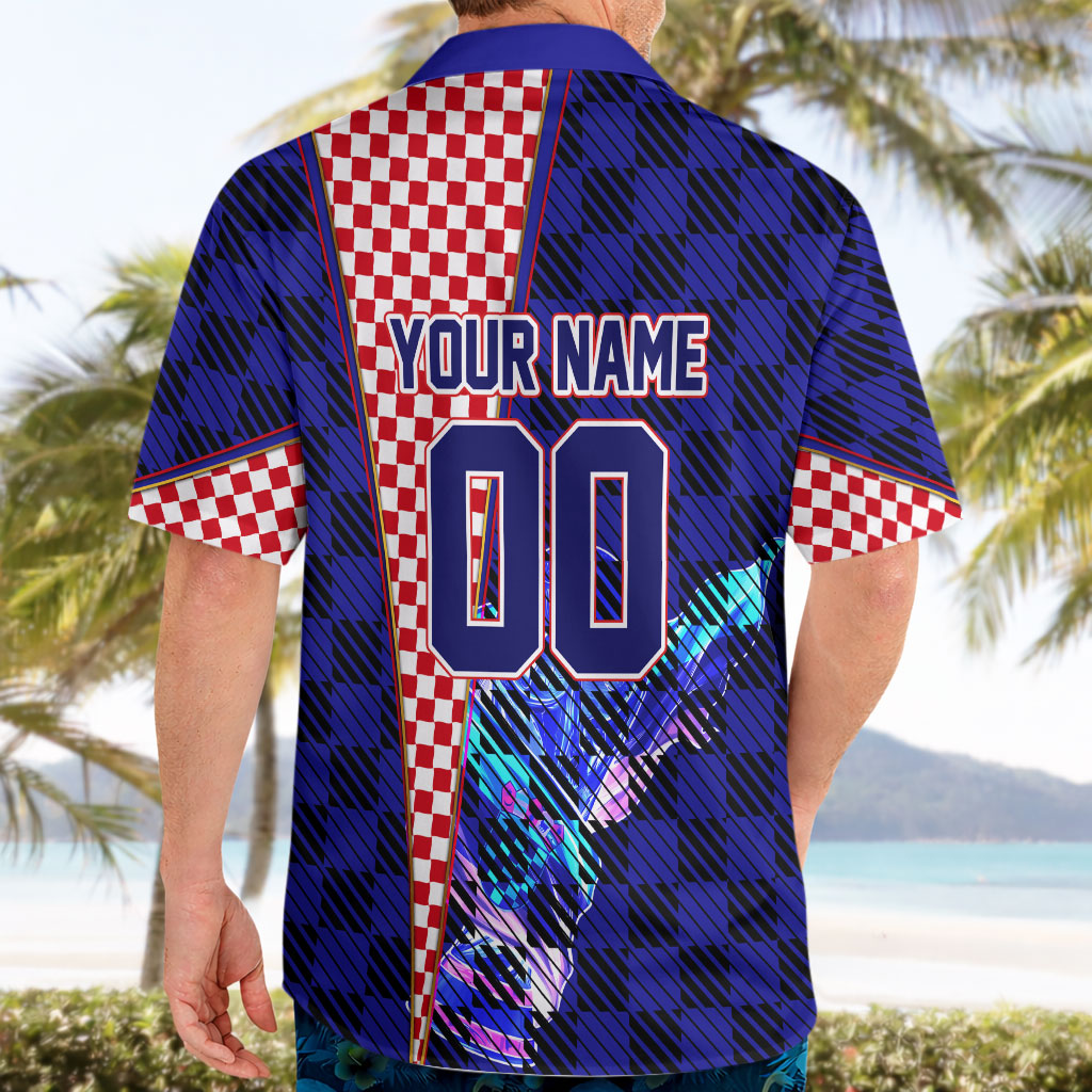 Personalized Croatia Football Hawaiian Shirt Checkerboard Graphic - Golden Champion Trophy And Flag