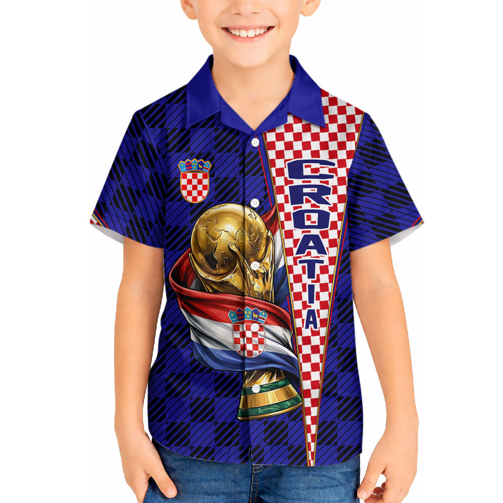 Personalized Croatia Football Hawaiian Shirt Checkerboard Graphic - Golden Champion Trophy And Flag