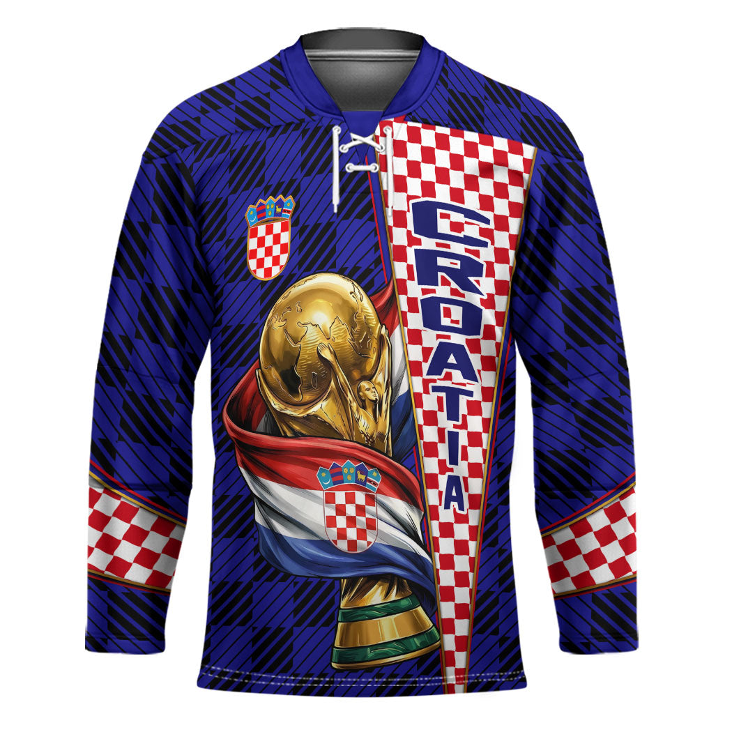 Personalized Croatia Football Hockey Jersey Checkerboard Graphic - Golden Champion Trophy And Flag