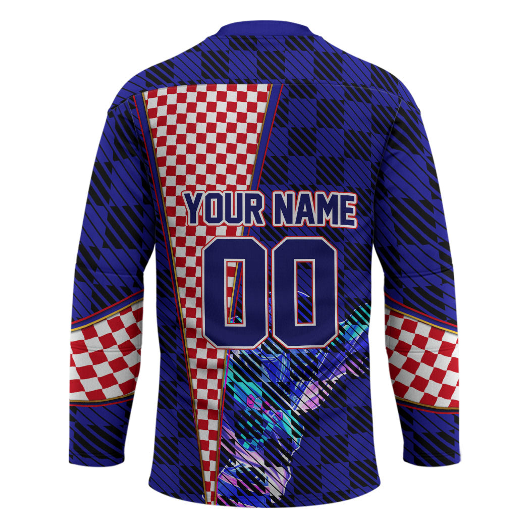 Personalized Croatia Football Hockey Jersey Checkerboard Graphic - Golden Champion Trophy And Flag