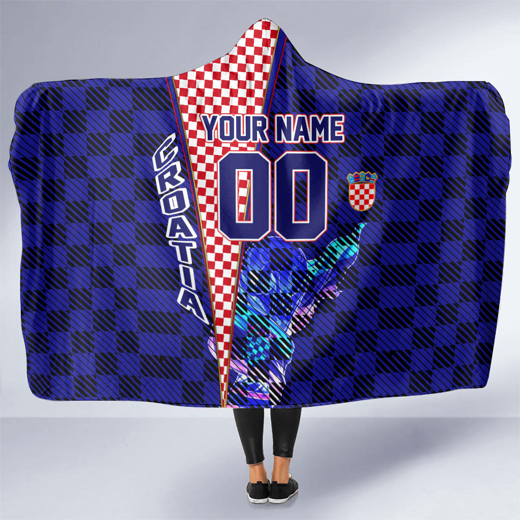 Personalized Croatia Football Hooded Blanket Checkerboard Graphic - Golden Champion Trophy And Flag
