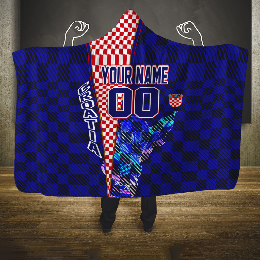 Personalized Croatia Football Hooded Blanket Checkerboard Graphic - Golden Champion Trophy And Flag