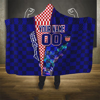 Personalized Croatia Football Hooded Blanket Checkerboard Graphic - Golden Champion Trophy And Flag