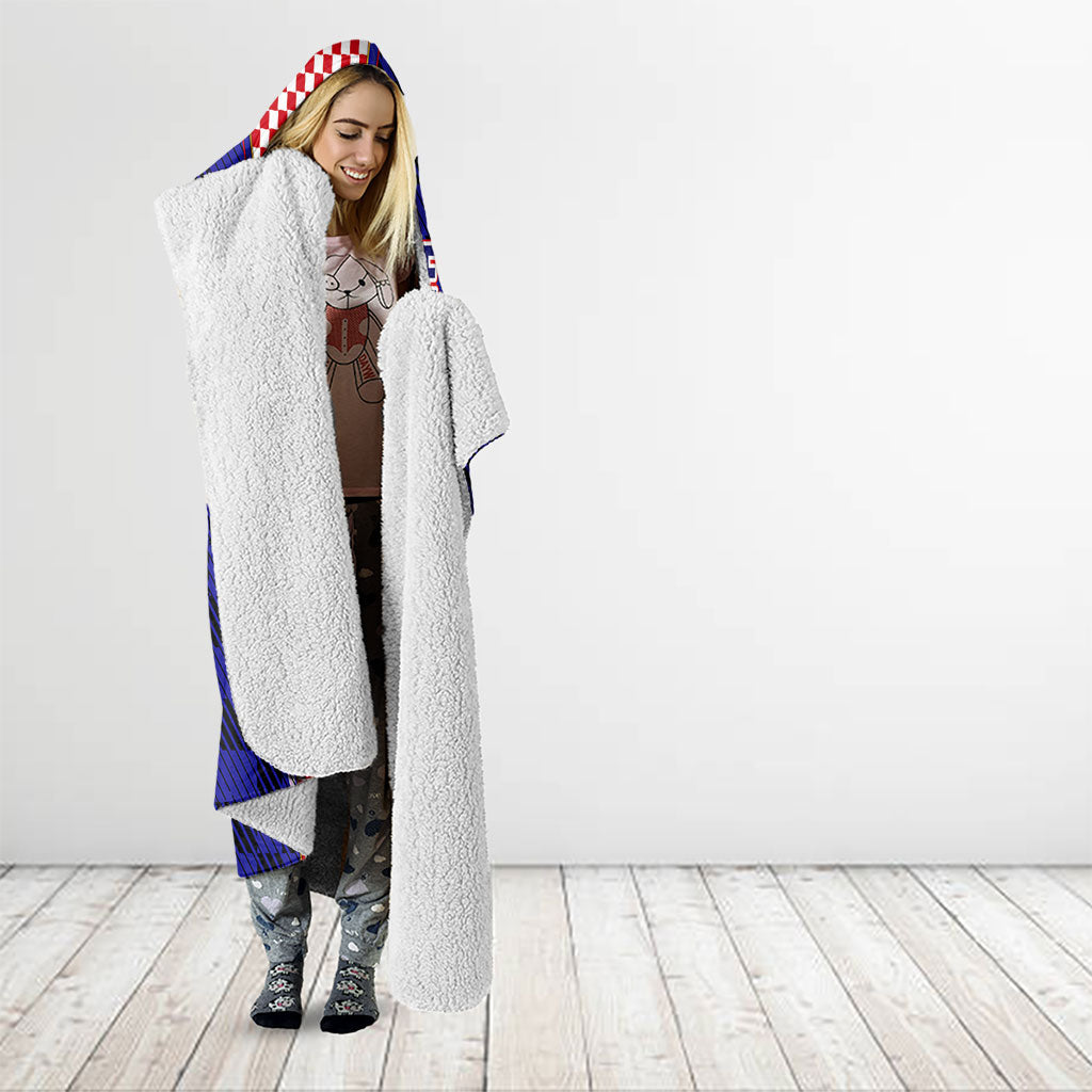 Personalized Croatia Football Hooded Blanket Checkerboard Graphic - Golden Champion Trophy And Flag