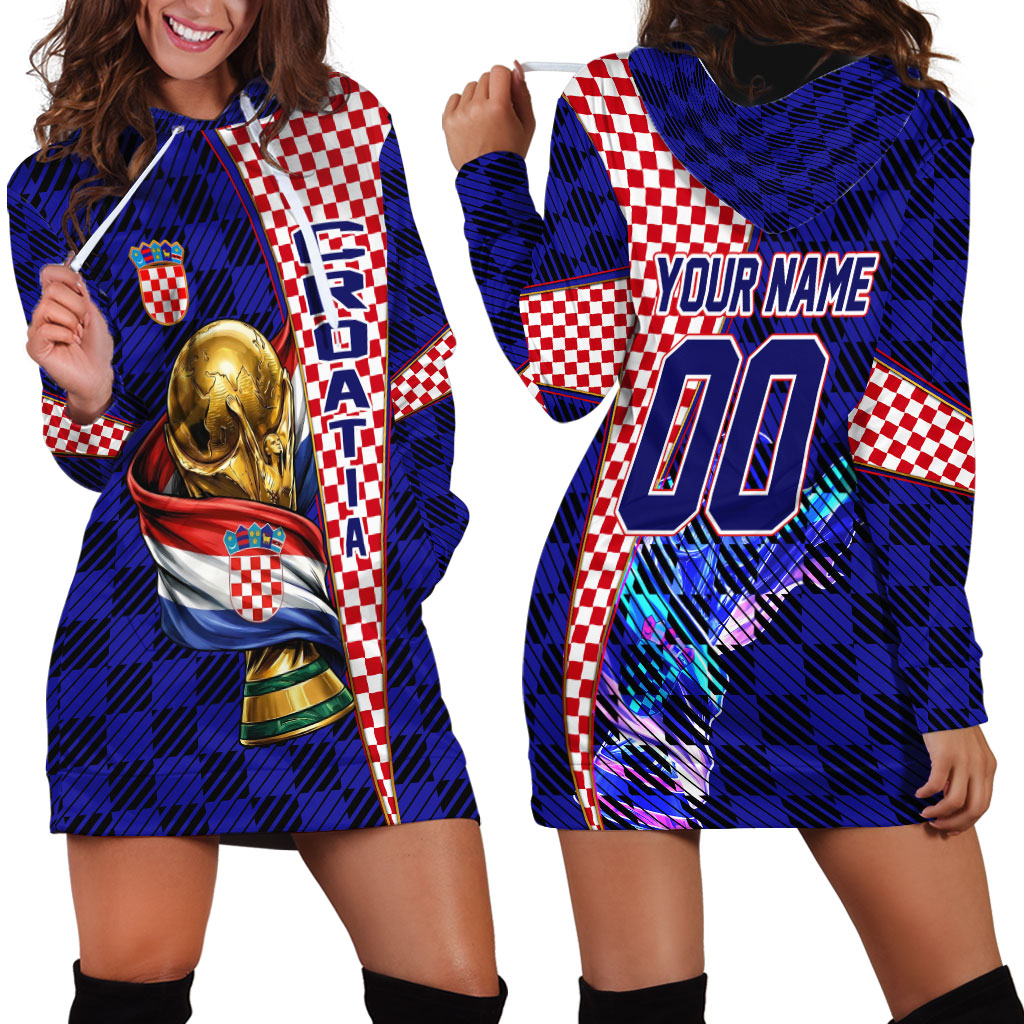 Personalized Croatia Football Hoodie Dress Checkerboard Graphic - Golden Champion Trophy And Flag