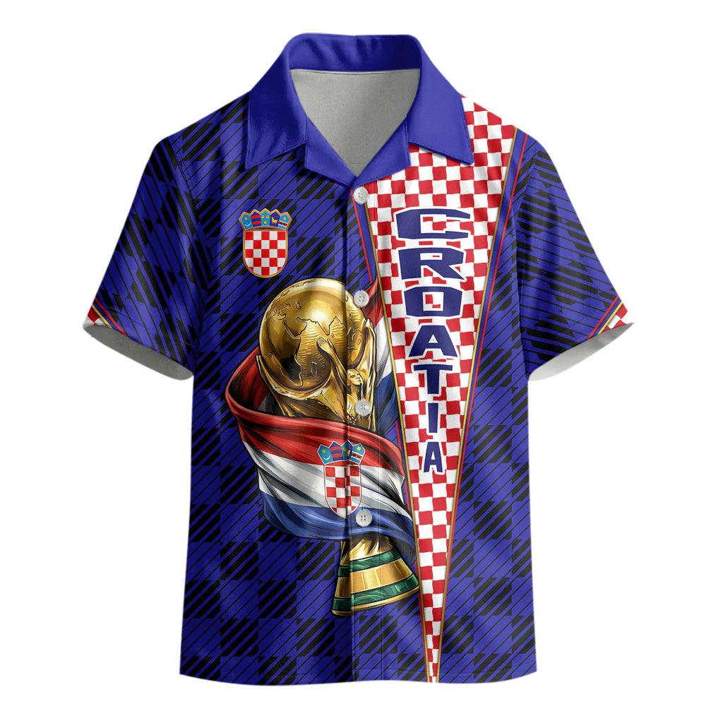 Personalized Croatia Football Kid Hawaiian Shirt Checkerboard Graphic - Golden Champion Trophy And Flag